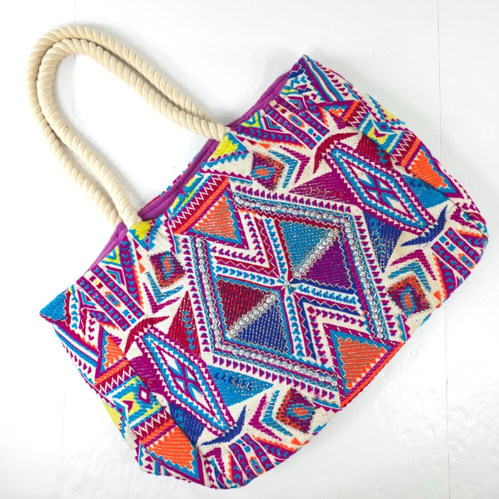 EVELYN K NEW YORK TRIBAL TOTE BEACH BAG LARGE COLORFUL EMBELLISHED *AS-IS *FLAWS
